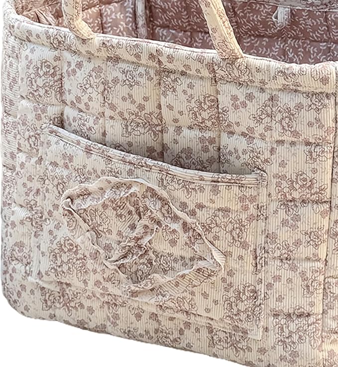 Quilted Storage Basket Boho Fabric Floral Laundry Nursery Basket Folding Quilted Baskets with handles for Car Clothes Toys