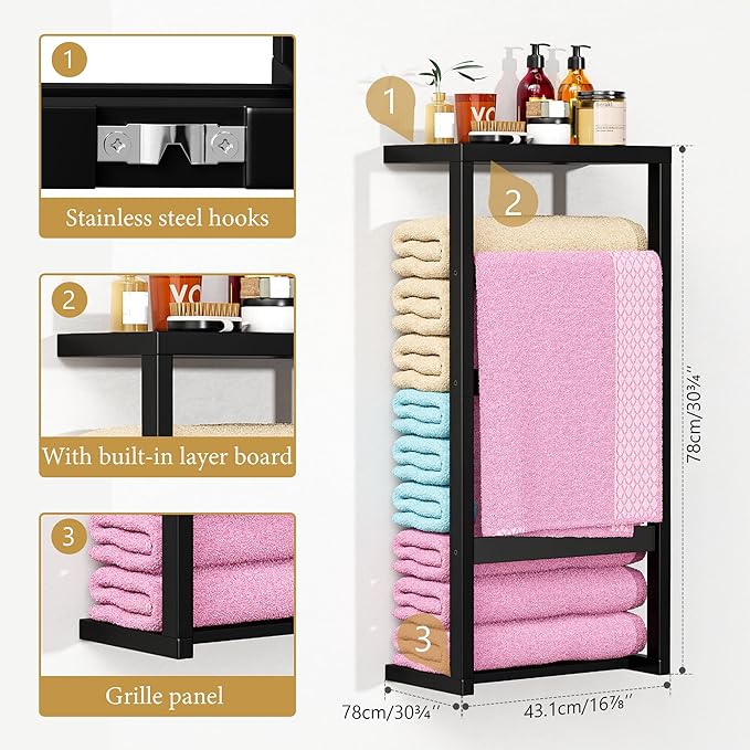 Bamboo Wall Blanket Ladder, 4-Tier Towel Racks, Bamboo Bath Towel Racks for Bathroom Wall Mounted, Decorative Blanket, Quilt, Towel, Scarf Ladder Shelves for Bathroom, Living Room, Bedroom， Black