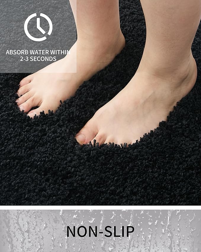 Bathroom Rugs Non Slip Washable 48x24, Ultra Thick Soft Microfiber Absorbent Bath Mats, High Density Foam Latex Non Slip Backing Bath Rugs, Fluffy Floor Carpet for Tub&Shower, Black