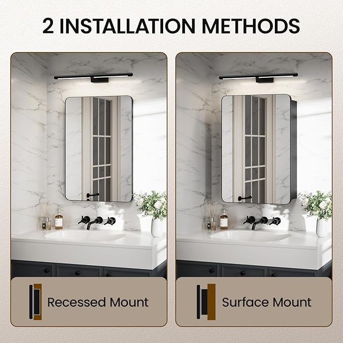 Medicine Cabinet with Mirror, 20x30 Inch Aluminum Bathroom Cabinet with Adjustable Shelves, Built-in Makeup Storage, Recessed or Surface Mount, Soft Close Hinges, Matte Black