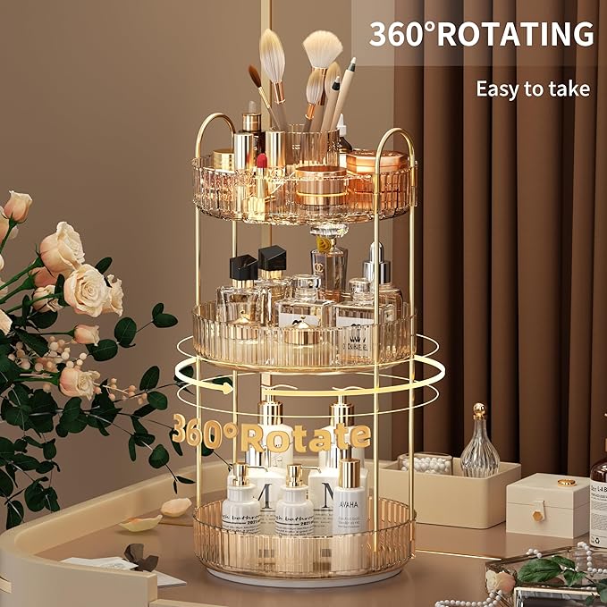 YCIA&DONE Rotating Makeup Organizer for Vanity, Large Capacity Make Up Storage Skin care Shelf Perfume Holders Cosmetic Dresser Organizer Countertop Spinning 360 (Amber Gold, 3Tiers)