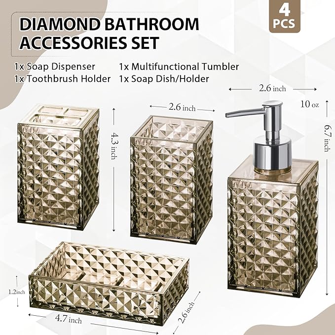 RYTOXILO Brown Bathroom Accessories Set, 4 Pack Acrylic Bath Accessory Sets Complete, Diamond Soap Dispenser and Toothbrush Holder Bathroom Counter Sink Set, Boho Modern Bathroom Decor
