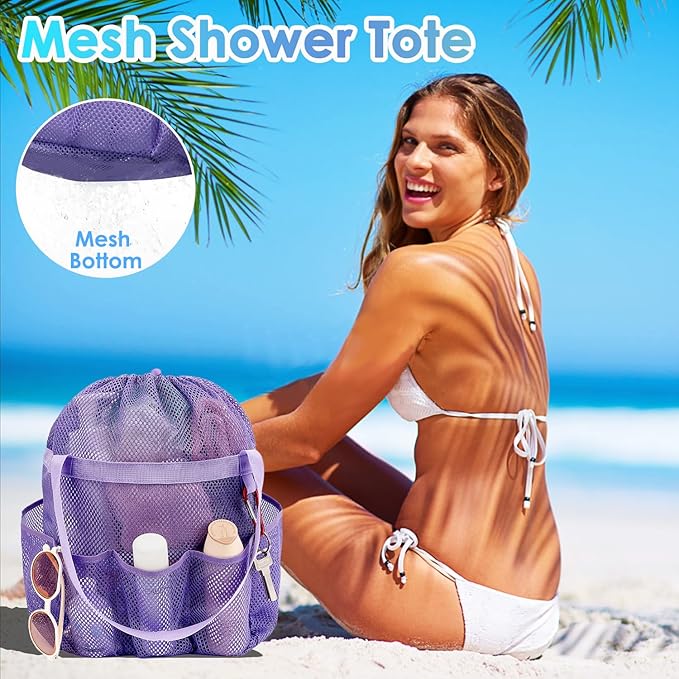 Fammart Mesh Shower Caddy Portable with Drawstring, Dorm Room Essentials for College Girls Guys, 8-Pocket Large Shower Bag Basket Tote for Camping Beach Gym Travel Toiletry Bathroom