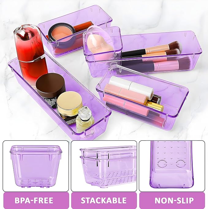 Kuber Industries 24 Pcs Acrylic Transparent Cosmetic Organizer Tray | Drawers Organisers for Kitchen, Office and Bathroom Vanity Makeup | Stationery Storage Drawer Divider Tray | Purple