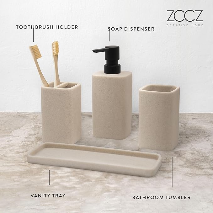 ZCCZ Bathroom Accessory Sets, 4 Pieces Bathroom Accessories Complete Set Vanity Countertop Accessory Set Marble Look, Includes Lotion Dispenser Soap Pump, Tumbler, Toothbrush Holder and Tray (Beige)