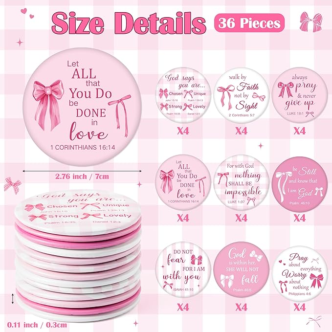 Y1tvei Bow Bible Compact Mirrors - 36Pcs Bowtie White Pink Bible Verse Mini Compact Mirrors, Bow Knot Small Portable Round Pocket Mirror Christian Inspirational Church Party Favors Gifts for Women