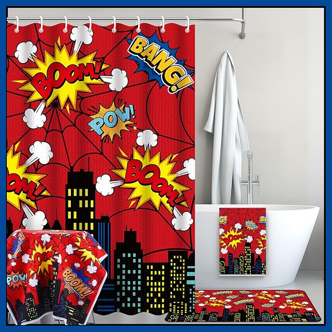Nuanchu 6 Pcs Hero Themed Shower Curtain Set with Rug Bathroom Sets with Shower Curtain Bath Mat U Shaped Mat Toilet Lid Cover 2 Bath Towels and 12 Hooks Red Hero Themed Bathroom Decor