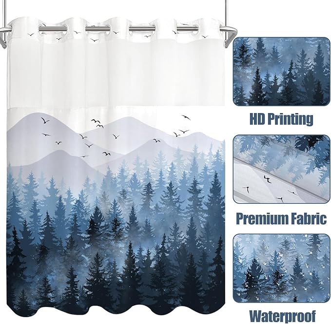 Accnicc No Hook Shower Curtain with Snap in Liner Blue Misty Forest Hookless Shower Curtains for Bathroom Foggy Nature Pine Tree Mountain Woodland Waterproof Fabric Bath Curtain Decor 71×74In