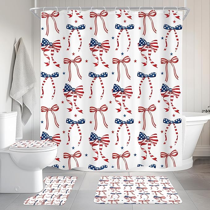 Cinbloo 4Pcs Independence Day 4th of July Shower Curtain Set, Red Blue Bow Coquette Patriotic USA American Flag Bathroom Curtain with Rug, Toilet Lid Cover, Bath Mat, Cute Shower Curtain with 12 Hooks