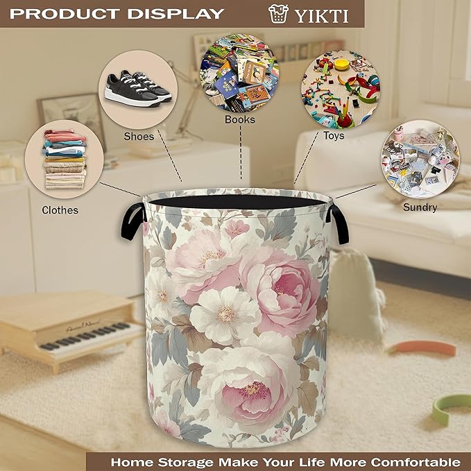Vintage Flower Laundry Basket,Pink White Floral Clothes Hamper,Oxford Cloth Collapsible Nursery Hamper Storage Organization for Bedroom,Bathroom,Office,College Dorms,16x20 Inch