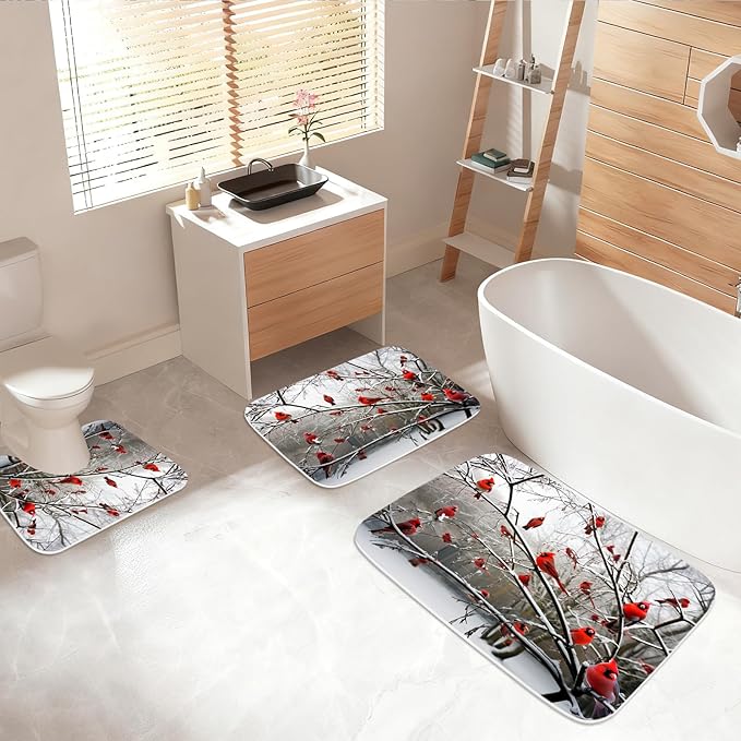 Funny Cardinal Birds on Branch Coral Velvet Bathroom Rugs and Mats Sets 3 Piece, Memory Foam Bath Mat, U-Shaped Contour Shower Mat Non Slip Absorbent, Velvet Washable 20 x 31 inch