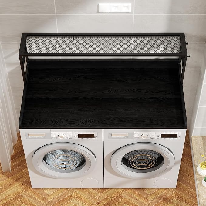 Washer Dryer Countertop with Shelf, Washer Dryer Topper, Solid Wood Washers and Dryers Countertop, 54" Width x 27.5" Depth Laundry Countertop for Laundry Room Organization and Storage, Black