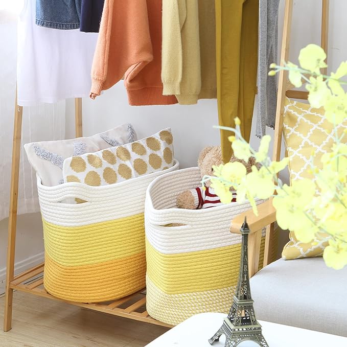 Sea Team Oval Large Cotton Rope Woven Storage Basket with Handles, Diaper Caddy, Baby Shower Basket, Nursery Nappies, Clothes Toys Organizer for Kid's Room, 16 x 13 inches, White & Yellow