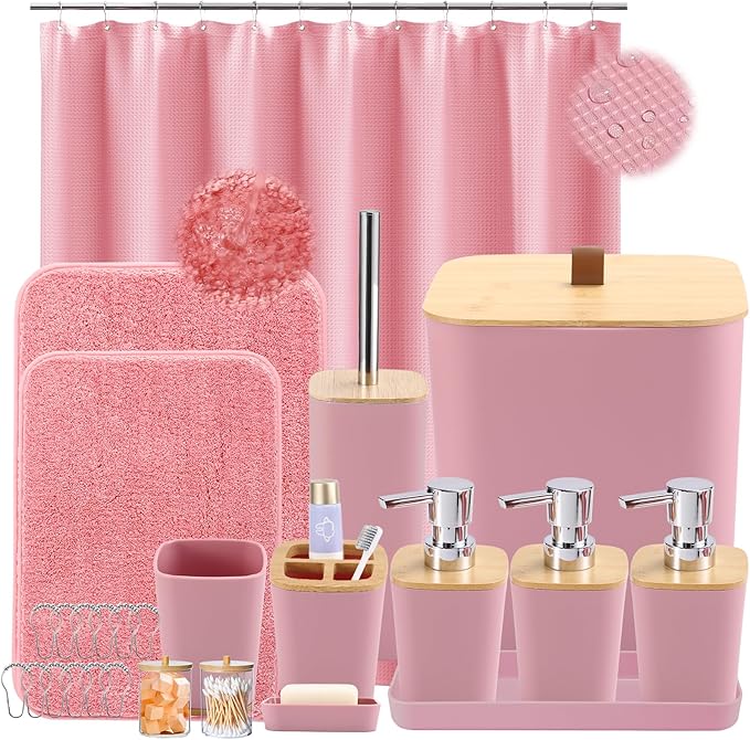 XLHOMO Bathroom Sets with Shower Curtain and Rugs, 27PCS Pink Bathroom Accessories Set with Trash Can, Pink Shower Curtain Set, No Slip Super Absorbent Bathroom Rugs
