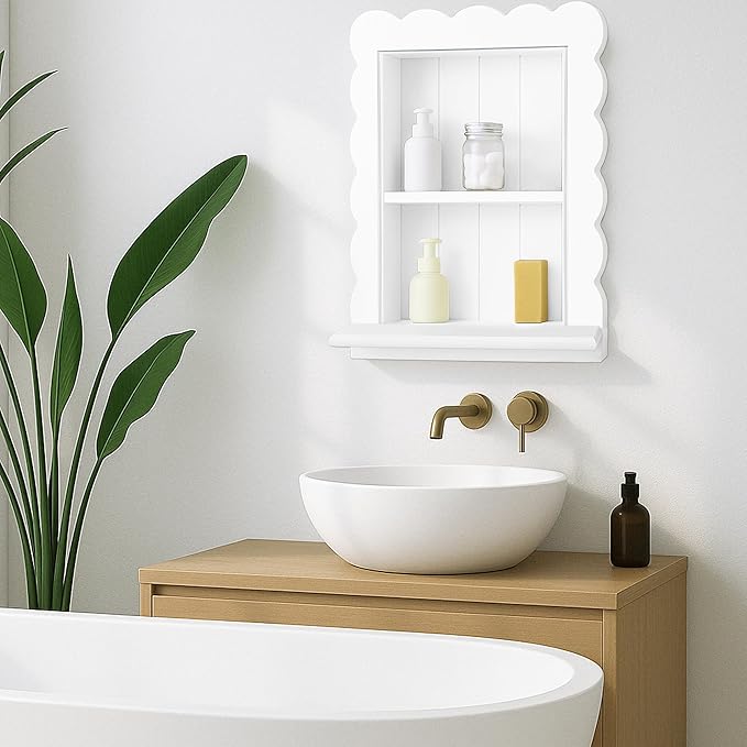 Royxen 14"x18" Recessed Medicine Cabinet, 2-Tier Wooden Bathroom Wall Cabinets Without Mirror,Scalloped Large Medicine Cabinet Niche for Bathroom Storage Organizer,White
