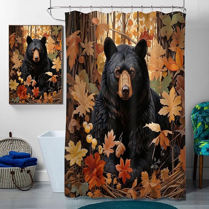 4 Pcs Black Bear Bathroom Shower Curtain Set with Rug, Toilet Lid Cover and Bath Mat, Rustic Farm Wildlife Bear Vintage Cabin Forest Bathroom Shower Curtain with 12 Hooks Accessories Decorative