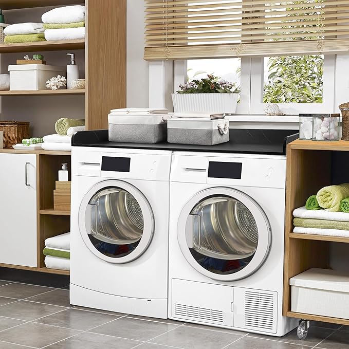 GLDZI Washer Dryer Countertop with 2 Pack Storage Baskets, Wood Washer and Dryer Countertop with Non-Slip Pads/Edge Rails for Laundry Room Storage and Organization, 27.5" W x 54" L(Black Marble)