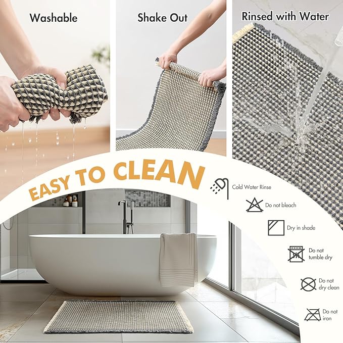 MIULEE Set of 2 Waffle Bathroom Runner Rugs, Boho Bath Rugs Non Slip Washable, Super Absorbent Runner Bath Mats Rubber Backed, Ideal for Hallway Laundry Room, Dark Grey & Yellow, 2' x 4'(24 x 48 Inch)