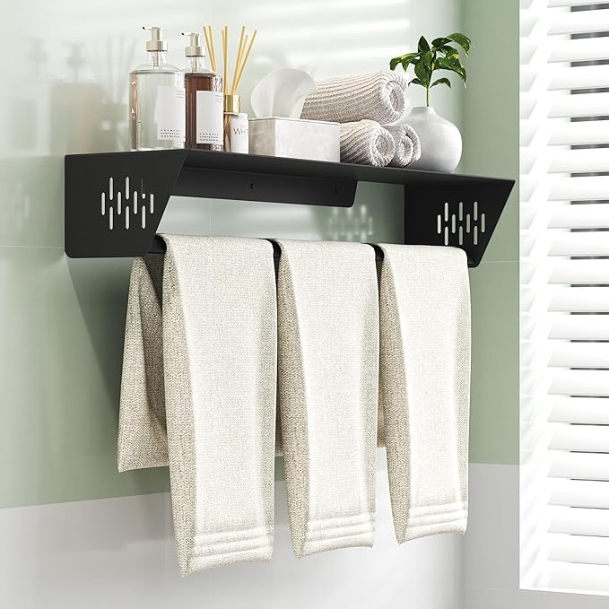 Qeke Bathroom Lavatory Towel Rack, Wall Mount Towel Holder Towel Hanger Shelf with Towel Bar, SUS 304 Stainless Steel Towel Rack for Bathroom and Lavatory, Matte Black, 24 Inch