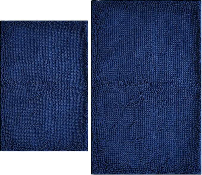 BOANKODU Bathroom Rugs Sets 2 Piece, Extra Soft Chenille Bath Mat Absorbent Bathroom Rug, Bathroom Mat with PVC Non-Slip Bottom, Machine Washable Bath Rugs (32x20 Inch + 24x16 Inch, Navy Blue)