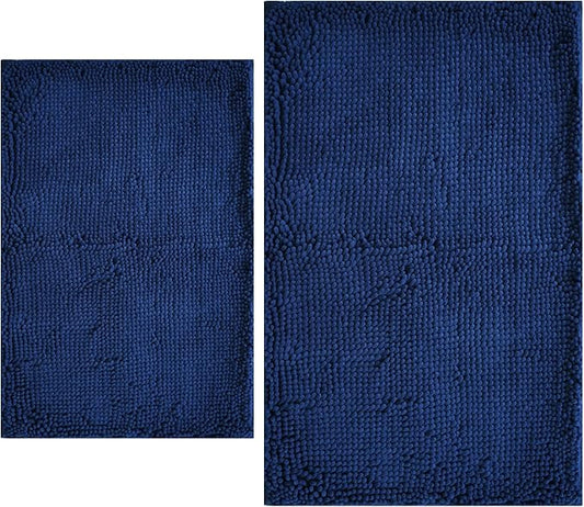 BOANKODU Bathroom Rugs Sets 2 Piece, Extra Soft Chenille Bath Mat Absorbent Bathroom Rug, Bathroom Mat with PVC Non-Slip Bottom, Machine Washable Bath Rugs (32x20 Inch + 24x16 Inch, Navy Blue)
