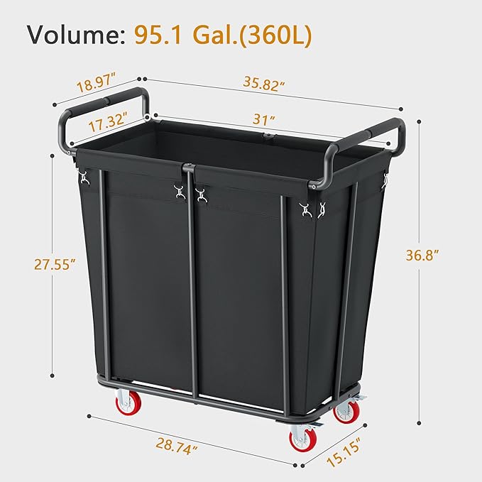Gewudraw Large Laundry Hamper with Wheels, 360L Rolling Big Laundry Basket for Clothes Storage, Heavy Duty Extra Large Rolling Laundry Cart with Handle, Steel Frame, Waterproof Liner,95.1 Gallons.