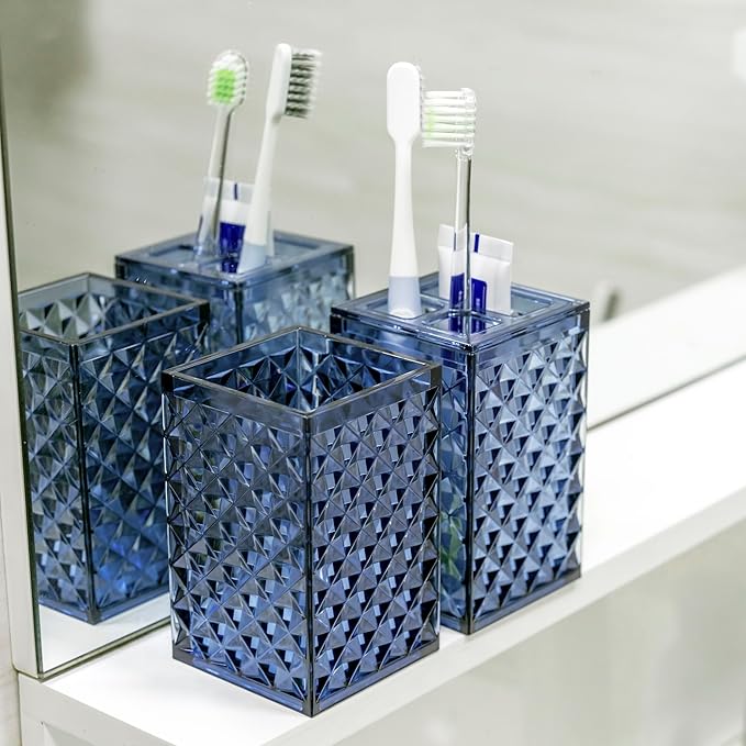 Blue Bathroom Accessories Set, 4 PCS Dark Navy Blue Bathroom Accessories Sets Complete, Diamond Pattern Bathroom Soap Dispenser and Toothbrush Holder Set, Boho Bathroom D??cor and Accessories