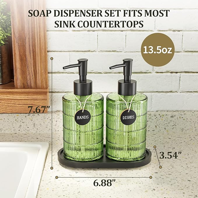 MASADI Soap Dispenser Set with Bamboo Tray, Dish and Hand Soap Lotion Dispenser Set with Wooden Pump for Kitchen and Bathroom Decor for Counter, Modern Vintage Liquid Soap Dispensers (Green&Black)