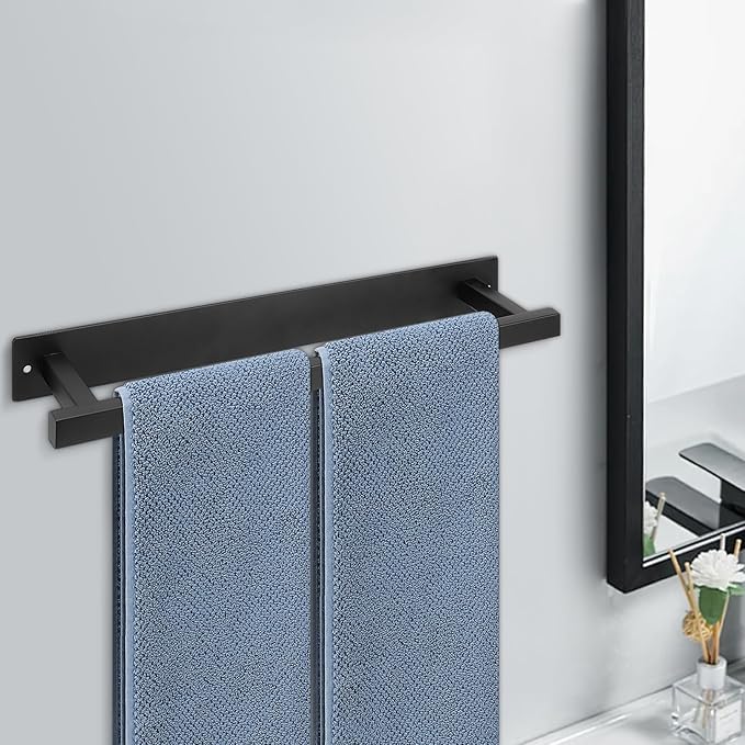 Self Adhesive Towel Bar, 16 Inch Square Towel Racks for Bathroom Wall Mounted SUS304 Stainless Steel Towel Hanger for Kitchen, No Drill or Screw-Mounted Towel Holder (Matte Black)