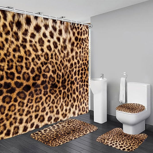 4 PCS Leopard Shower Curtain Cheetah Print Shower Curtain Sets Non Slip Bathroom Rugs Soft Plush Bath Mat Toilet Lid Cover Animal Print Shower Curtain with 12 Hooks for Bathroom Tub, Brown
