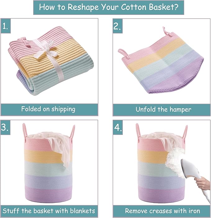 60L Laundry Hamper Basket for Baby Girls and Kids, Pastel Rainbow Unicorn Design, Woven Rope Nursery Storage Bin, Large 15Dx20H Inches for Clothes, Toys in Bedroom or Playroom