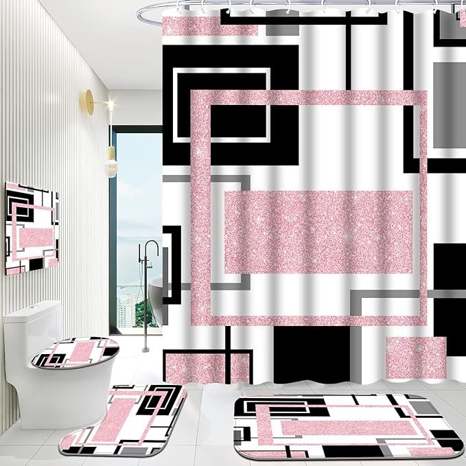 Onalasyc 4Pcs Pink Geometric Shower Curtain with Rugs Set Waterproof Pink Bathroom Sets with Shower Curtain and Rugs Abstract Geometric Modern Bathroom Curtains Shower Set with 12 pcs Hooks