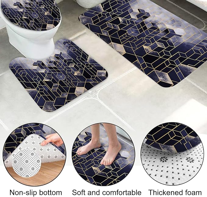 Lnond 4Pcs Bathroom Sets with Shower Curtain and Rugs, Navy Blue Bathroom Shower Curtain Sets, Navy Blue Gradient Modern Bathroom Decor Sets with Rugs and Accessories