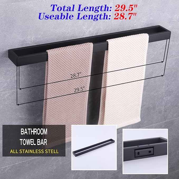 GERZWY Matte Black 30-Inch Bathroom Towel Bar SUS 304 Stainless Steel Bath Towel Bar Modern Style Wall Mount HG17702-BK