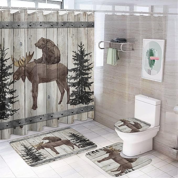 Funny Wildlife Bear Riding Moose Shower Curtain Sets with Rugs 4 Piece Accessories Bathroom Curtains Shower Set Include Shower Curtain Non-Slip Rug Toilet Lid Cover Bath Mat One Size