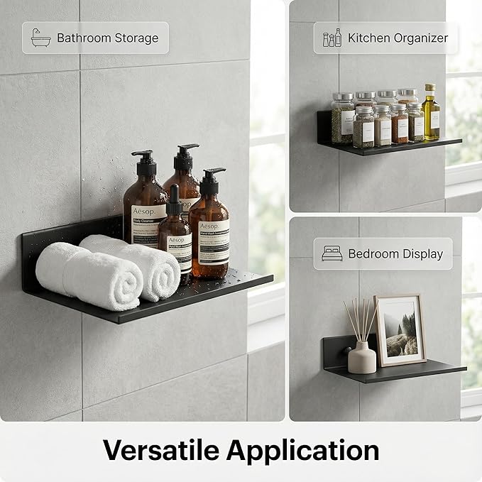 Z metnal 2 Pack 6 Inch Metal Floating Shelves with Safety Lip, Small Wall Mounted Shelf Holds Up to 2.2 Lbs, Matte Black Lightweight Display Ledge with Hidden Screw Caps for Bathroom, Bedroom