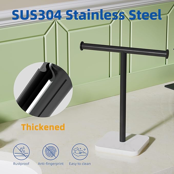 RUACQ Hand Towel Holder, T-Shape Free Standing Hand Towel Holder Stand with Marble Base, 304 Stainless Steel Hand Towel Stand for Bathroom Kitchen Vanity Countertop(Matte Black)