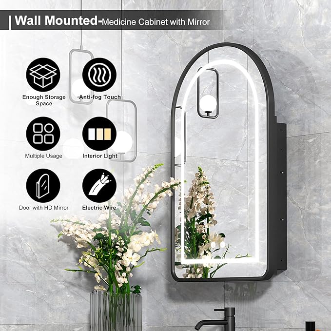 20x31 Inch Arched Medicine Cabinet with LED Mirror - Black Recessed Bathroom Storage, Dimmable Anti-Fog Lighted Mirror Cabinet, Black Arched Medicine Cabinet,Adjustable Shelves