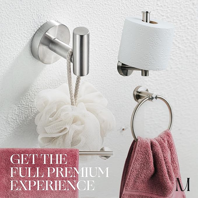 Marmolux ACC Bathroom Hardware Set - 4 Pieces Wall Mount Accessories - Towel Hooks, Hand Towel Holder, Towel Ring, Toilet Paper Holder - Made of SUS 304 Stainless Steel with Brushed Finish