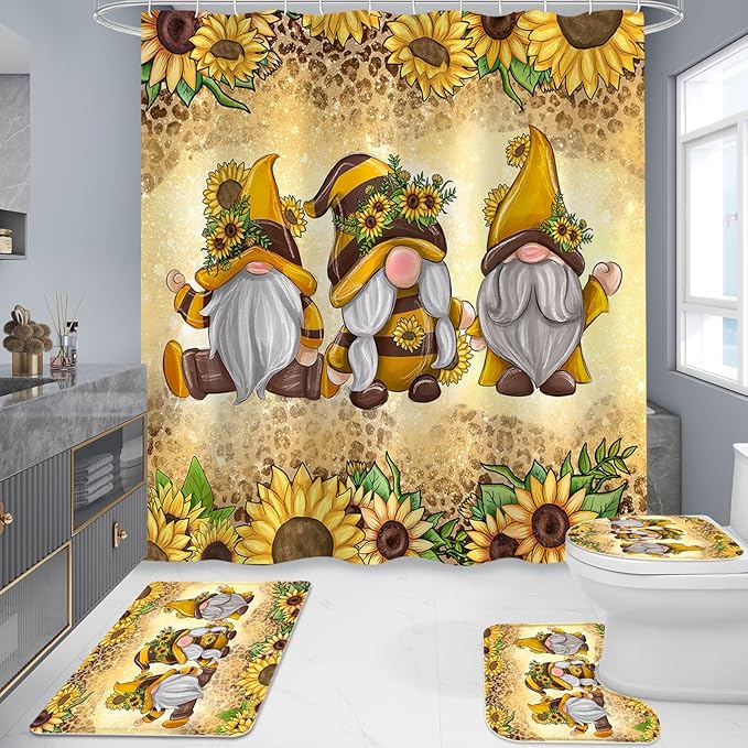 Litabel 4 Pcs Sunflower Gnomes Shower Curtain Set with Non-Slip Rugs, Toilet Lid Cover and Bath Mat, Farmhouse Country Bathroom Decor Set with Shower Curtain and Rugs(Hooks Not Included)