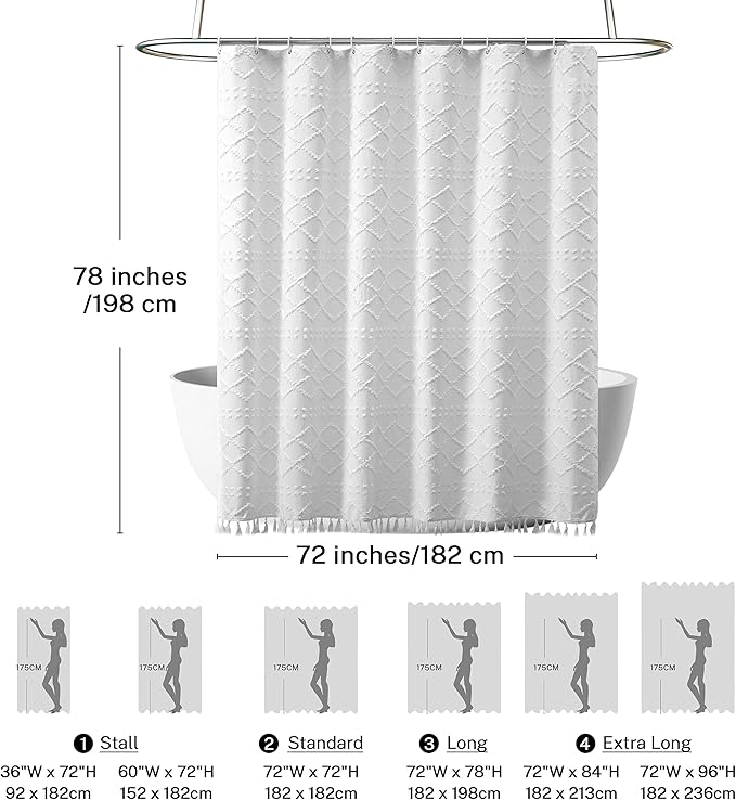 Extra Long White Textured Woven Fabric Boho Shower Curtain with Tassels 72 x 78 Modern Farmhouse Minimalist, Tufted Chevron Striped Shabby Chic, Water Resistant Cloth Curtain for Bathroom, Hotel Decor