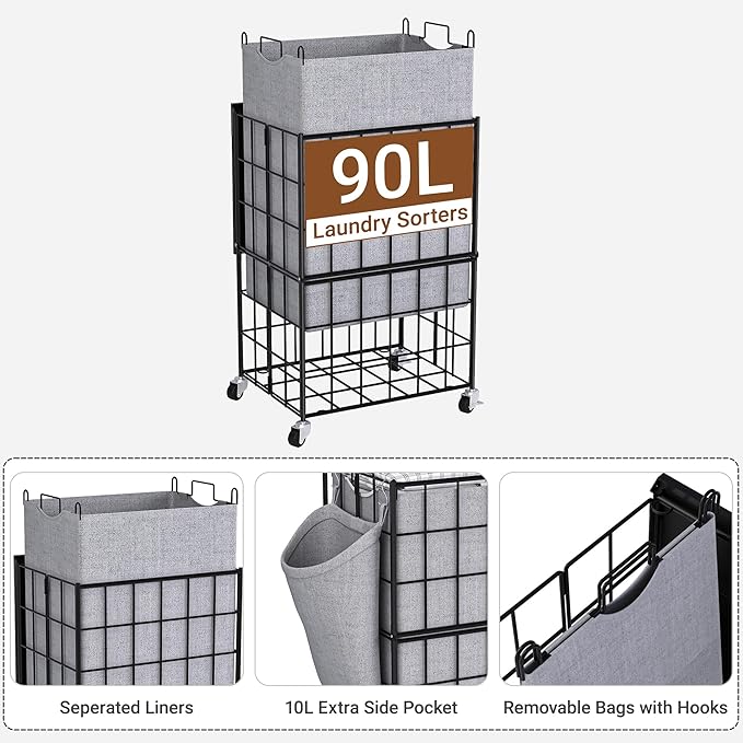 90L Laundry Basket with Wheels, Large Capacity Laundry Hamper with Removable Liner Bags, Heavy Duty Laundry Sorter with Solid Wood Lid & Leather Handles, Grey