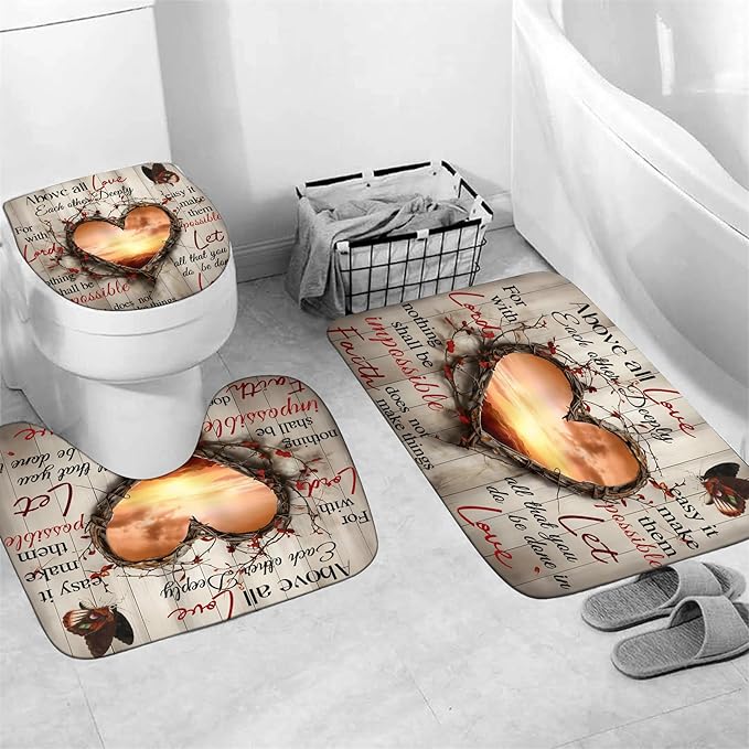 AZHM Sunset Love Heart Shower Curtain Set 4 PCS Inspirational Quote Bathroom Rug Set with Shower Curtain and 12 Hooks