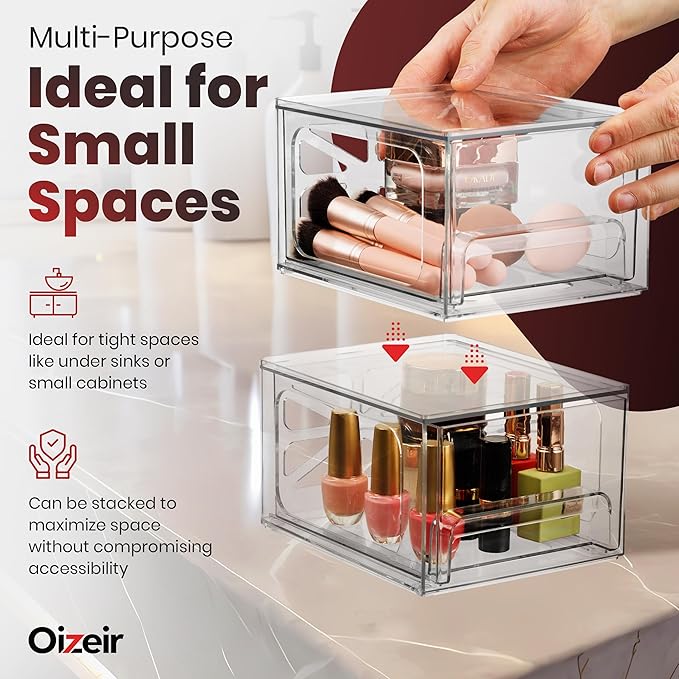 Oizeir Acrylic Drawer Organizer 2-Pack ?€? Clear Stackable Storage Drawers for Makeup, Skincare, Vanity, Bathroom, Under Sink, Kitchen & Office ?€? Non-Slip, Durable, Multi-Purpose Organizer Bins