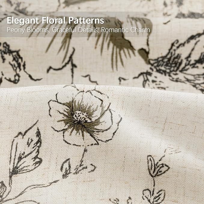 Farmhouse Floral Linen Shower Curtain, Vintage Black Pattern Rustic Shower Curtains for Bathroom, Tan Taupe,72x90