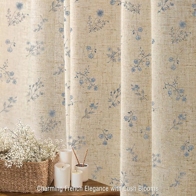Blue Floral Vintage Linen Shower Curtain, French Country Shower Curtains for Bathroom, 72Wx78H