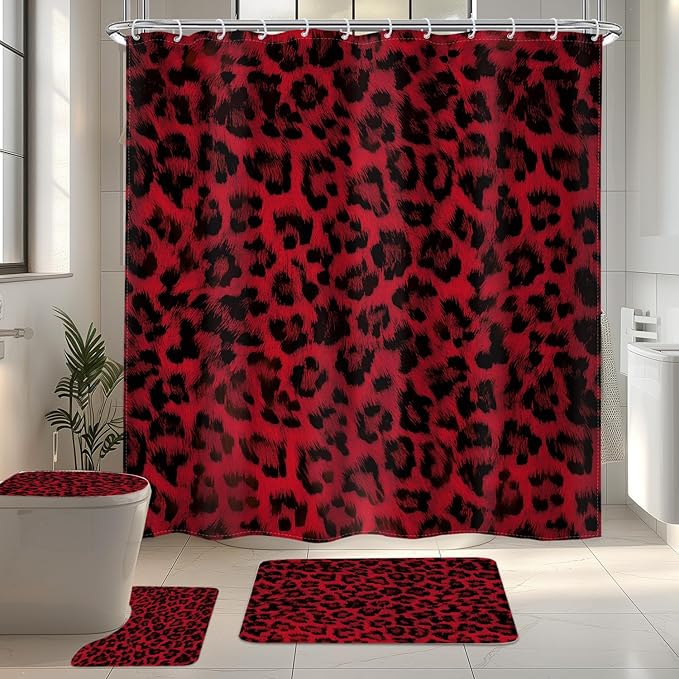 LIGHTINHOME 4 PCS Black Red Leopard Print Shower Curtain Set 72Wx72H,Toilet Lid Cover,Non-Slip Rugs and U-Shaped Mat,Wild Cheetah Bathroom Sets with Rugs with 12 Hooks for Bathroom Decor