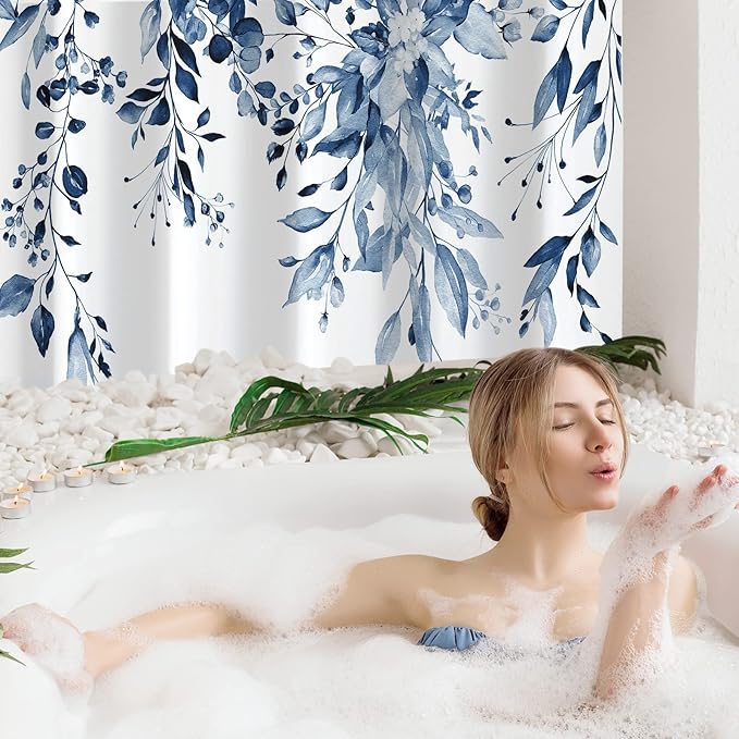 Gibelle Extra Long Shower Curtain 72 x 84, Navy Blue Floral Shower Curtain for Bathroom, Watercolor Plant Eucalyptus Leaves Fabric Shower Curtain Set