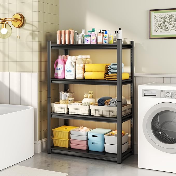 4-Tier Bathroom Storage Shelves, Adjustable Bathroom Organizers and Storage Stand, Heavy Duty Metal Shelving Unit , Classic Open Floor Utility Shelf for Laundry ,Kitchen,Living Room (12"D*24"W*44"H)