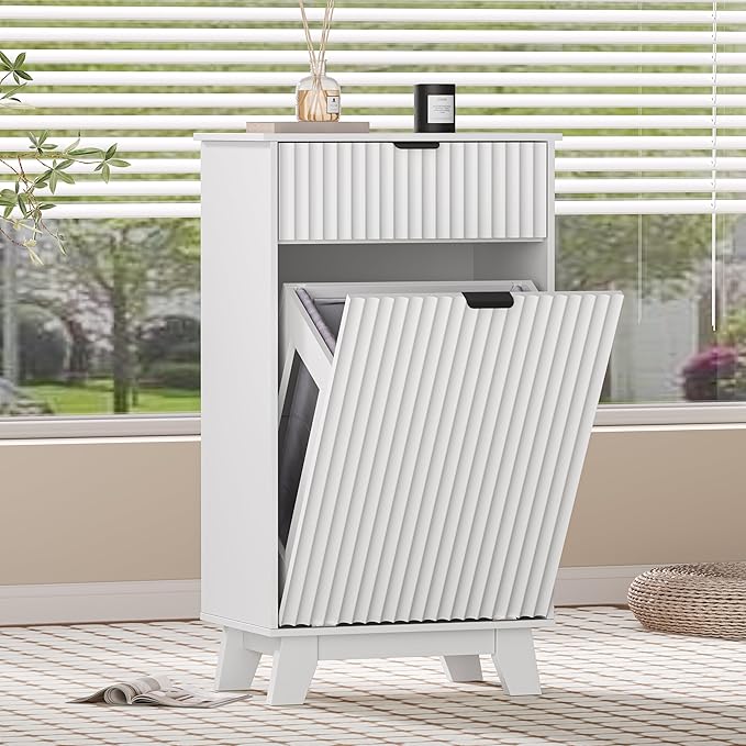 Wodeer Tilt Out Laundry Hamper Cabinet with Storage and Drawer, 10 Gallon Fluted Hidden Trash Can Cabinet, Farmhouse Wood Laundry Basket Cabinets for Bathroom, Kitchen, White
